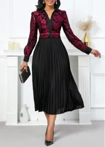 Modlily Black Pleated Long Sleeve V Neck Dress - XL