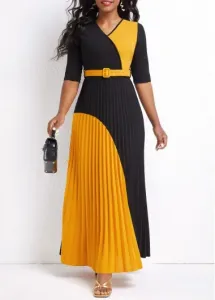 Modlily Black Pleated Maxi Belted Half Sleeve Dress - M