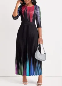 Modlily Black Pleated Ombre Round Neck Maxi Dress - S