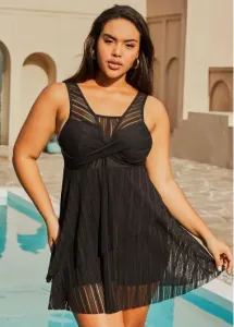 Modlily Black Plus Size Wide Strap Swimdress Set Mesh Panel Crossover Hem Swimdress And Shorts - 3X