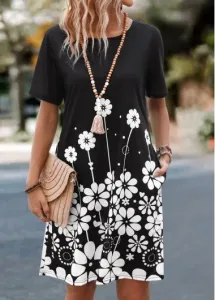 Modlily Black Pocket Floral Print Short Sleeve Shift Dress - M
