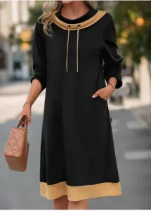 Modlily Black Pocket Long Sleeve Cowl Neck Shift Dress - L