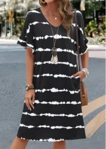Modlily Black Pocket Striped Short Sleeve V Neck Shift Dress - XL