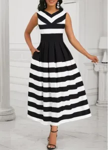 Modlily Black Pocket Striped Sleeveless V Neck Maxi Dress - M