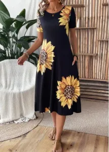 Modlily Black Pocket Sunflower Print Short Sleeve Round Neck Dress - XL