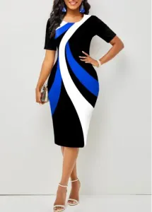 Modlily Black Short Sleeve Round Neck Contrast Dress - XL