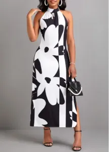 Modlily Black Split Floral Print A Line Maxi Dress - L