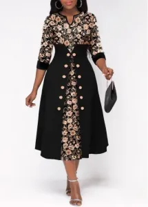Modlily Black Split Neck Button Random Floral Print Dress - XXL