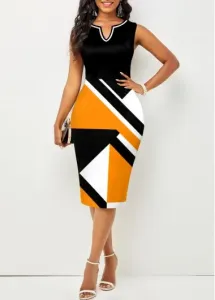 Modlily Black Split Neck Geometric Print Dress - XL