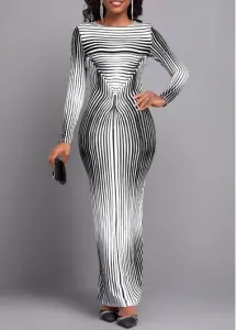 Modlily Black Striped Long Sleeve Round Neck Maxi Bodycon Dress - S