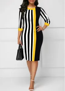 Modlily Black Striped Three Quarter Length Sleeve Bodycon Dress - L
