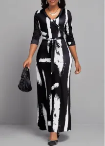 Modlily Black Tie Graffiti Print Belted V Neck Maxi Dress - L