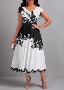 Modlily Black Umbrella Hem Floral Print Short Sleeve Dress - L