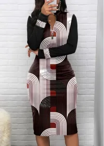 Modlily Black Zipper Geometric Print Long Sleeve Bodycon Dress - XL