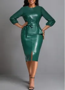 Modlily Blackish Green Faux Leather Belted Round Neck Bodycon Dress - M