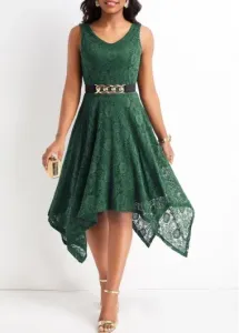 Modlily Blackish Green Lace High Low Sleeveless Dress - S
