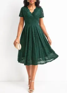 Modlily Blackish Green Lace Short Sleeve V Neck Dress - M