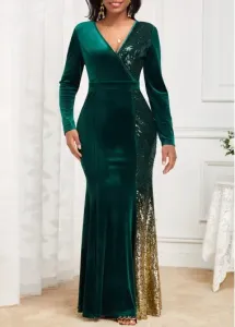 Modlily Blackish Green Mermaid Ombre Long Sleeve Maxi Bodycon Dress - M