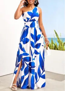 Modlily Blue Asymmetry Leaf Print Sleeveless Maxi Dress - M