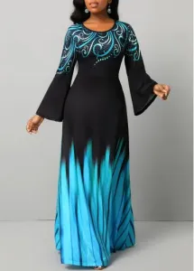 Modlily Blue Breathable Tribal Print Long Sleeve Maxi Dress - L