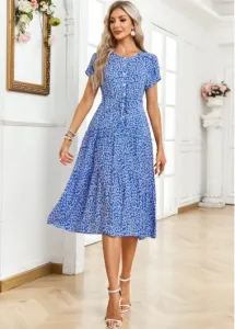 Modlily Blue Button Ditsy Floral Print Belted Short Sleeve Dress - L