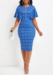 Modlily Blue Button Plaid Short Sleeve Bodycon Dress - M