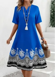Modlily Blue Button Tribal Print A Line Short Sleeve Dress - XL