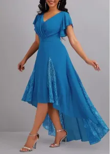 Modlily Blue Lace High Low Short Sleeve Dress - L