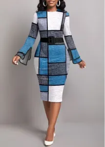 Modlily Blue Layered Geometric Print Long Sleeve Dress - XXL