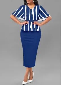 Modlily Blue Patchwork Striped Short Sleeve V Neck Bodycon Dress - L