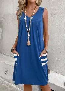 Modlily Blue Pocket Striped Sleeveless V Neck Shift Dress - 3XL