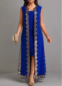 Modlily Blue Sequin Two Piece Suit Sleeveless Maxi Dress - XXL