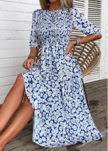 Modlily Blue Smocked Ditsy Floral Print Half Sleeve Dress - L