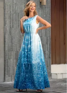 Modlily Blue Tie Dye Print Dress Sleeveless V Back Tie Dye Print Maxi Dress - M