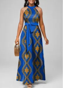 Modlily Blue Tie Tribal Print Belted Sleeveless Maxi Dress - L