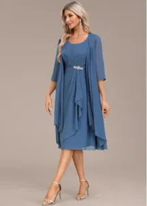 Modlily Blue Two Piece Suit Round Neck Dress and Cardigan - M