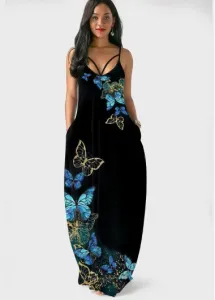 Modlily Butterfly Print Spaghetti Strap Black Dress - S