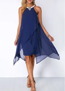 Modlily Chiffon Overlay Embellished Neck Blue Dress - L