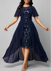 Modlily Chiffon Sequin Embroidered Round Neck Dress - M