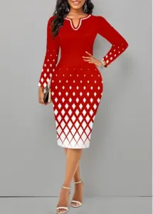 Modlily Christmas Red Split Geometric Print Long Sleeve Dress - M