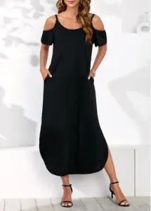 Modlily Cold Shoulder Double Side Pockets Black Dress - L