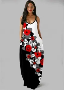 Modlily Color Block Floral Print Side Pocket Maxi Dress - S