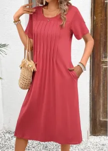Modlily Coral Pleated Short Sleeve Round Neck Shift Dress - XL