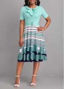 Modlily Cyan Frill Striped Belted Short Sleeve Dress - XL