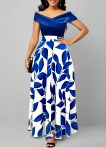 Modlily Dark Blue Surplice Leaf Print Maxi Dress - L