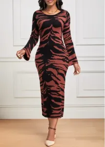 Modlily Dark Coffee Zebra Stripe Print Long Sleeve Dress - L
