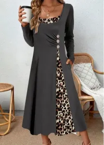 Modlily Dark Grey Asymmetry Leopard A Line Long Sleeve Dress - L