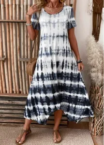 Modlily Dusty Blue Pocket Tie Dye Print A Line Dress - L