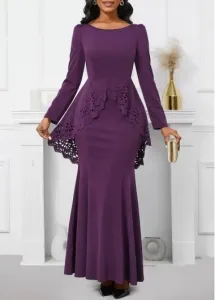 Modlily Dark Reddish Purple Long Sleeve Mermaid Maxi Bodycon Dress - XXL