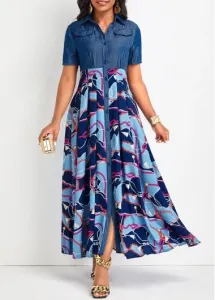 Modlily Denim Blue Button Chain Print Maxi Dress - L